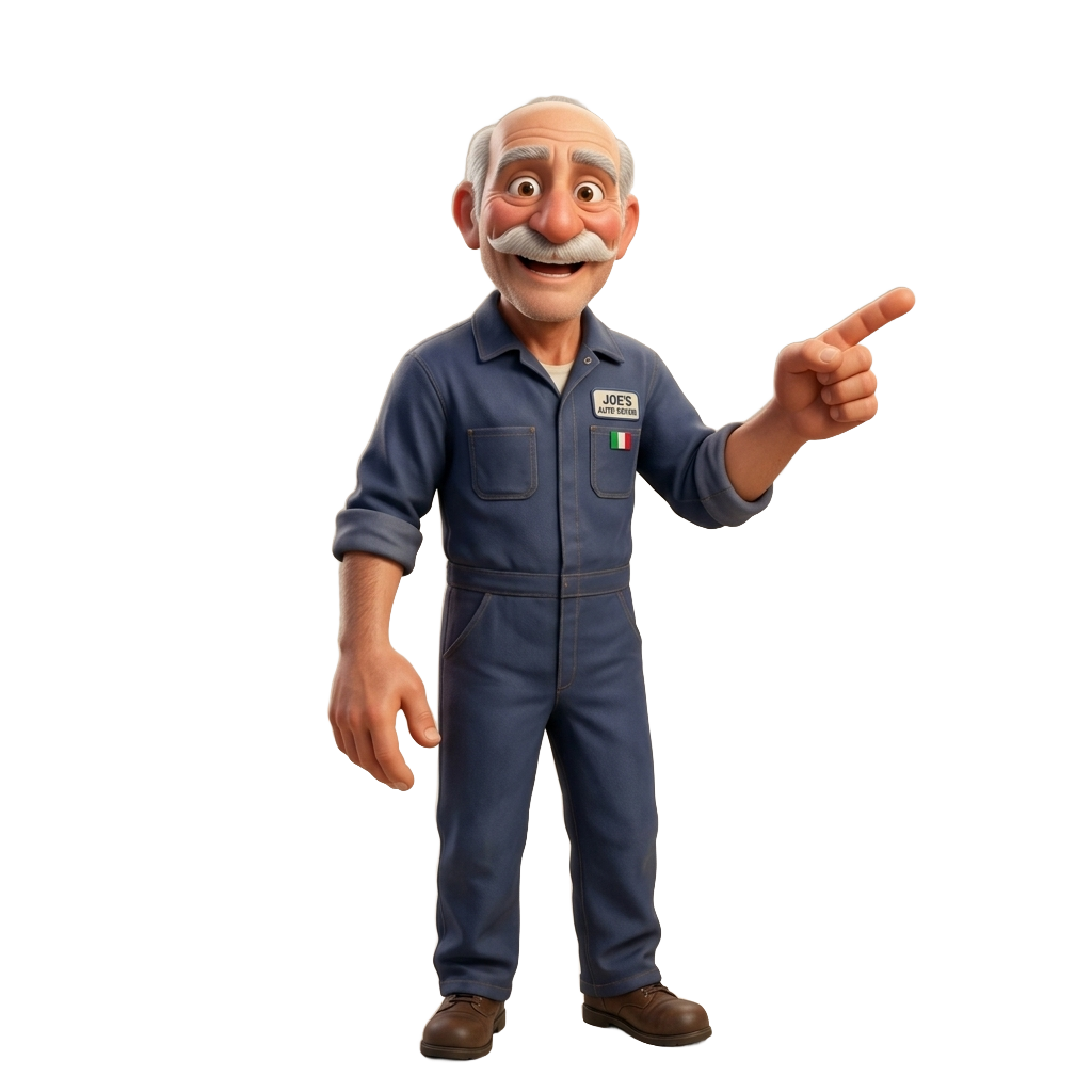Joe the mechanic pointing at the services list